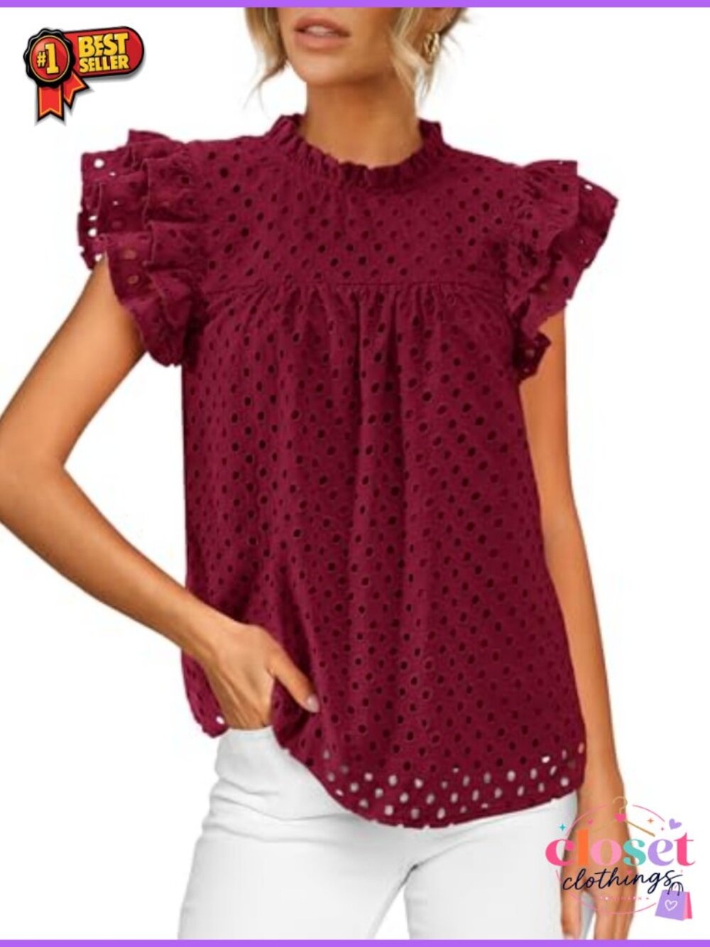 Women's Summer Eyelet Lace Ruffle Sleeve Crewneck Blouse